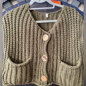 Chunky Knit Olive Sweater large gold buttons